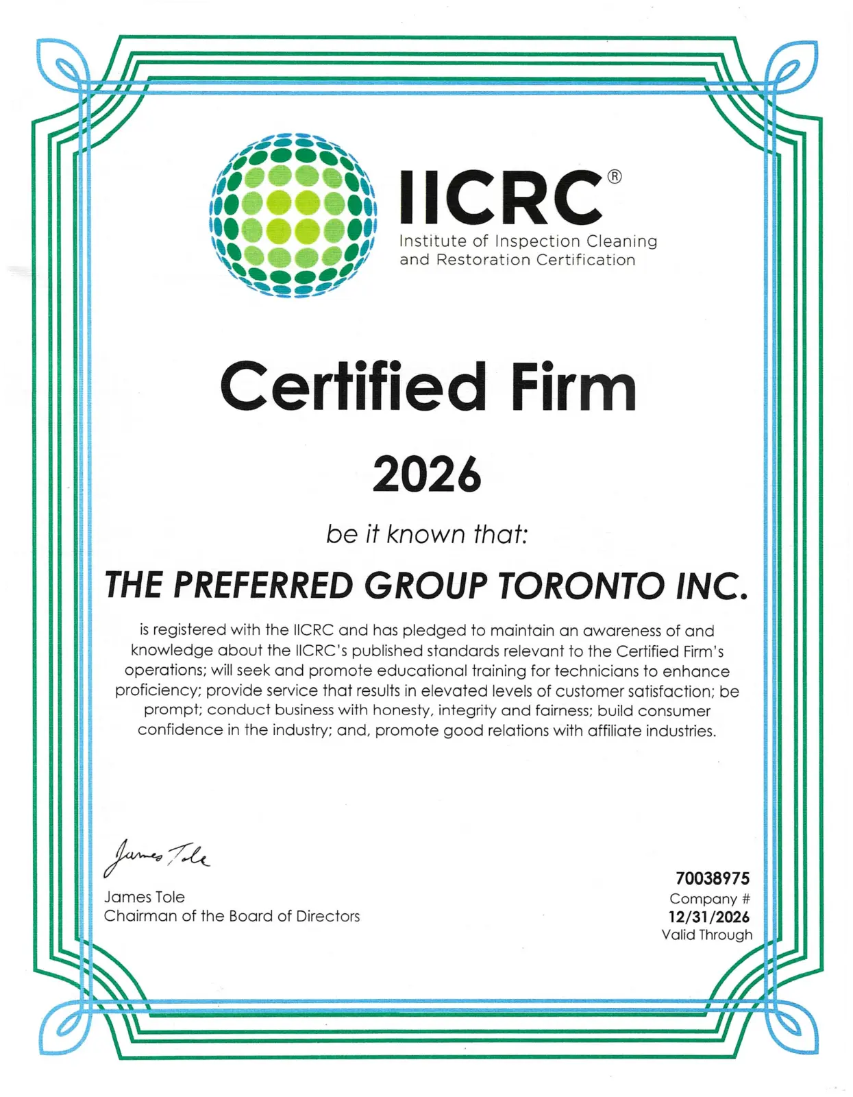 IICRC Certified Firm certificate issued to The Preferred Group